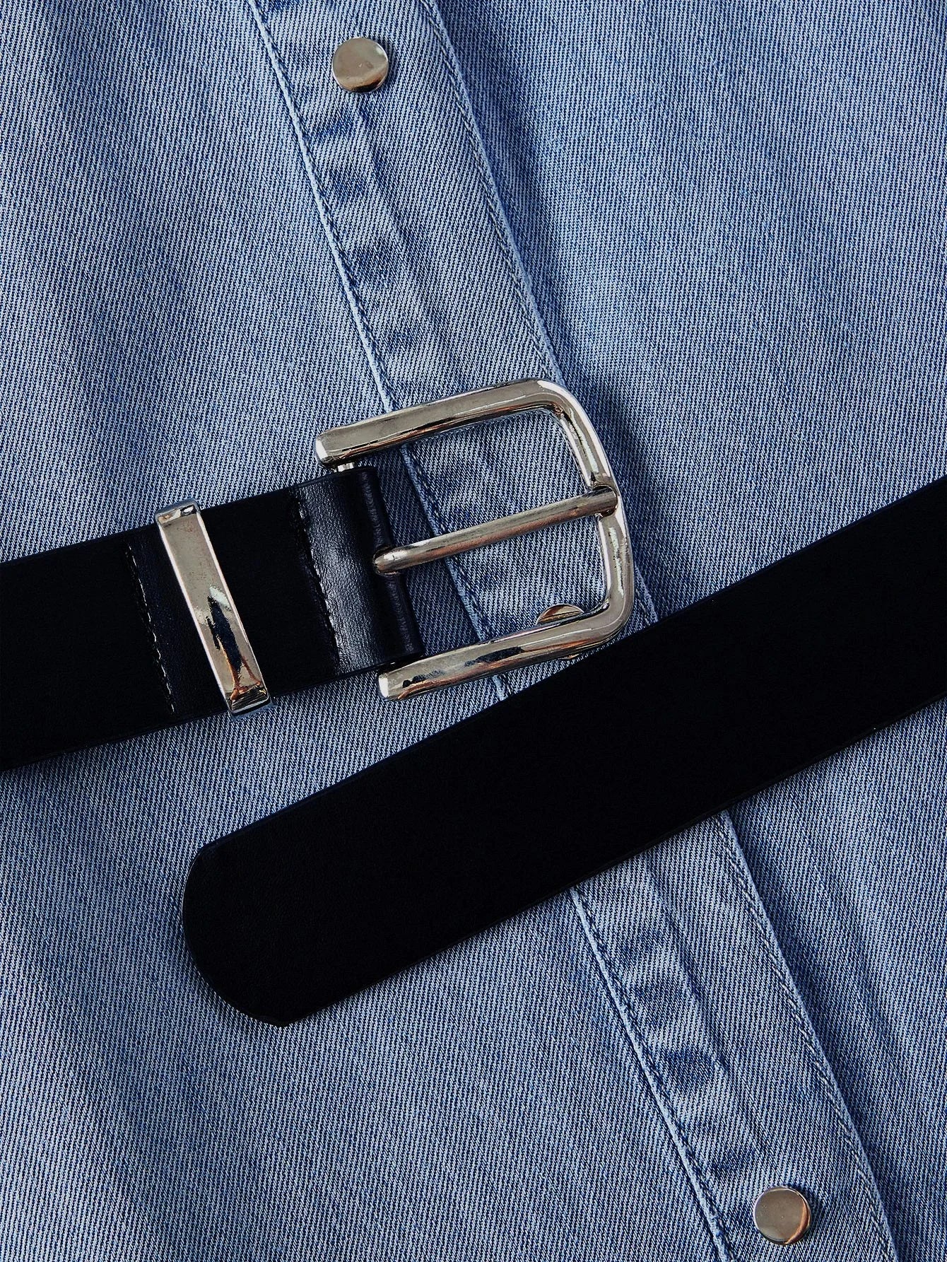 PREMIUM FLAP POCKET BUTTON UP TIERED RUFFLE HEM DENIM SHIRT DRESS WITHOUT BELT