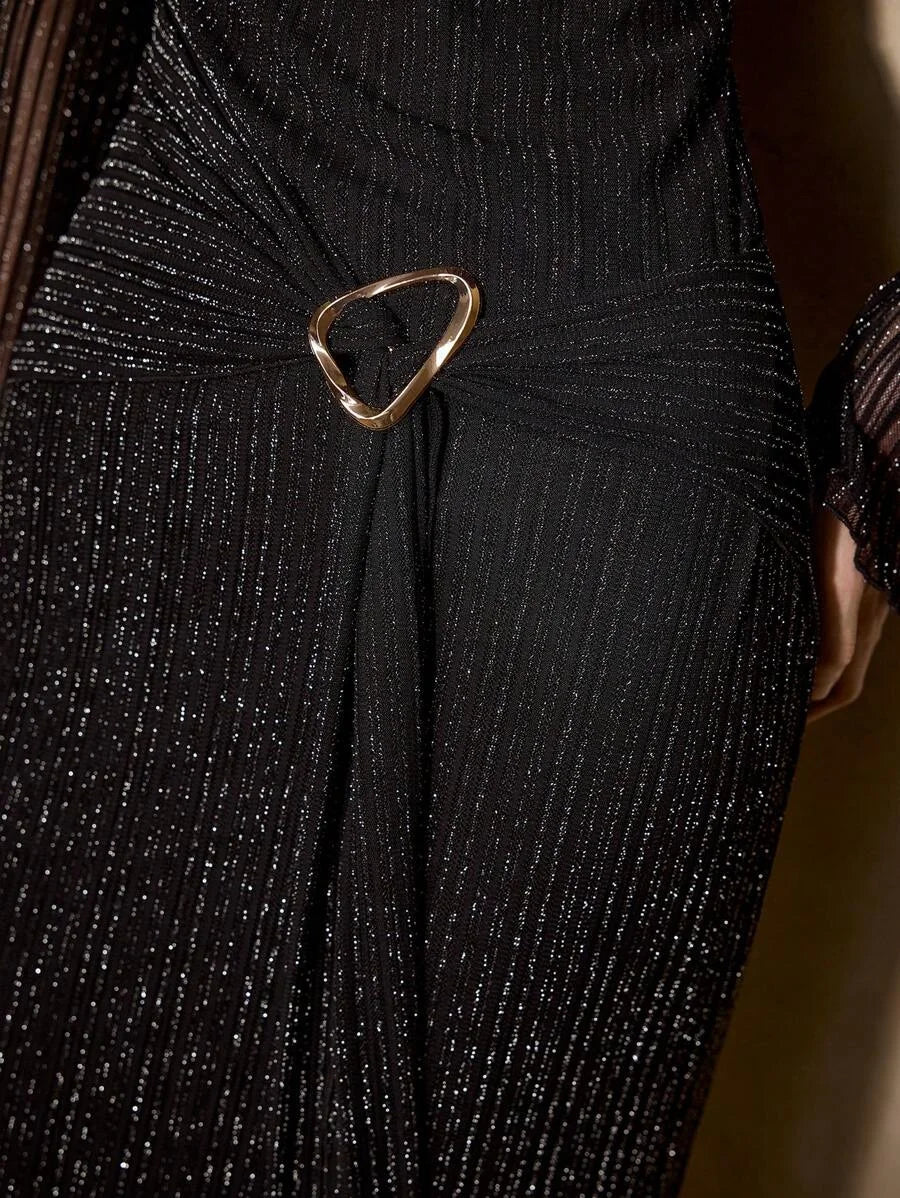 PREMIUM FLARE SLEEVE SLIMFIT MESH KNIT BACKLESS DRESS