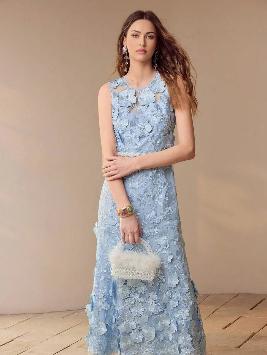 PREMIUM FLORAL APPLIQUED BIAS CUT DRESSSPRINGSUMMER