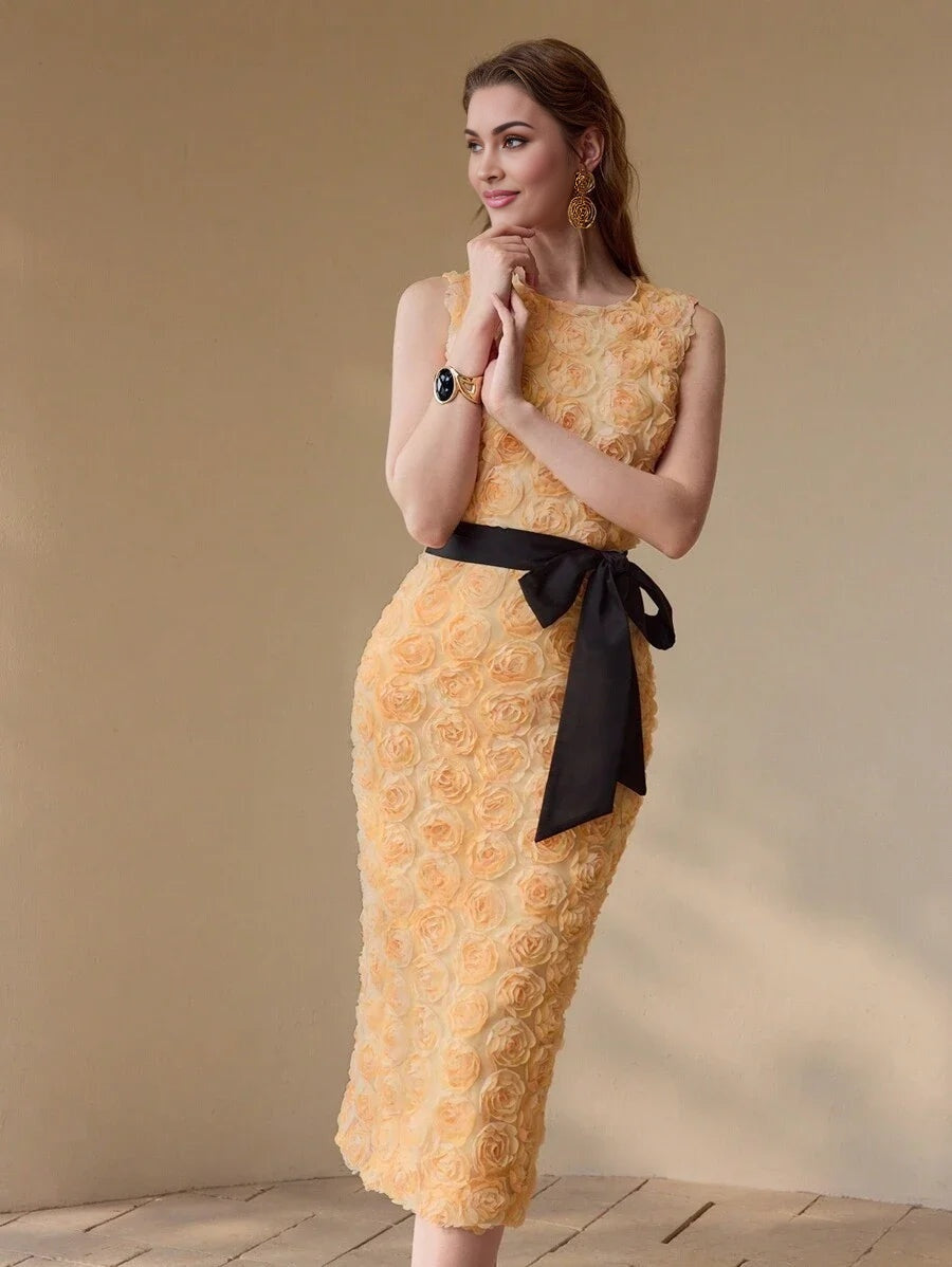 PREMIUM FLORAL APPLIQUED SPLIT HEM MIDI DRESS WOMEN OUTFIT