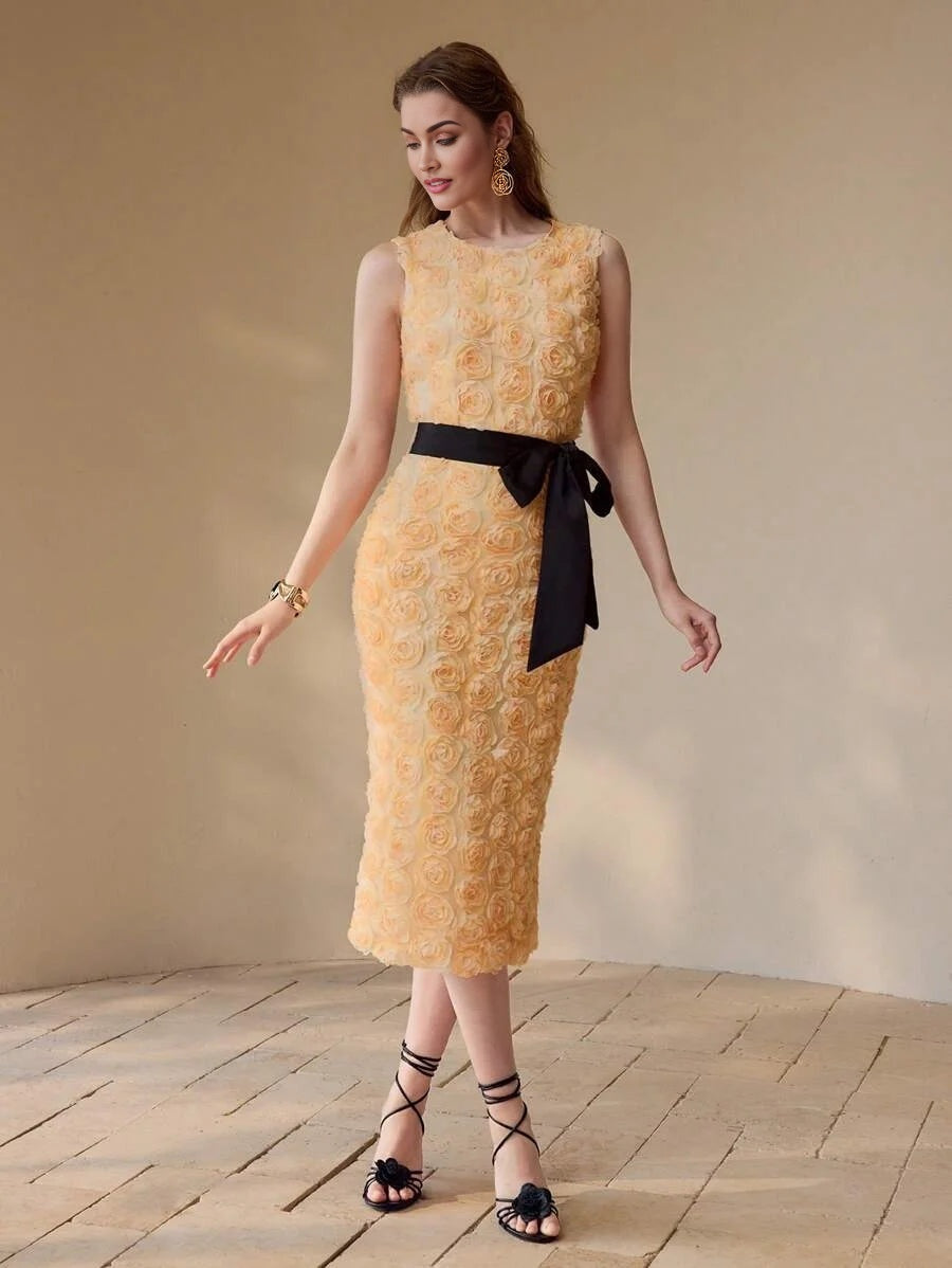 PREMIUM FLORAL APPLIQUED SPLIT HEM MIDI DRESS WOMEN OUTFIT