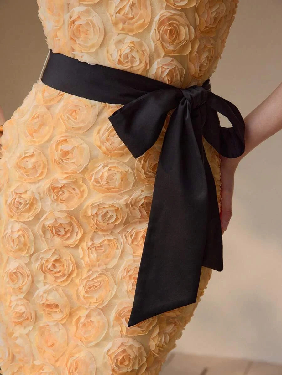 PREMIUM FLORAL APPLIQUED SPLIT HEM MIDI DRESS WOMEN OUTFIT