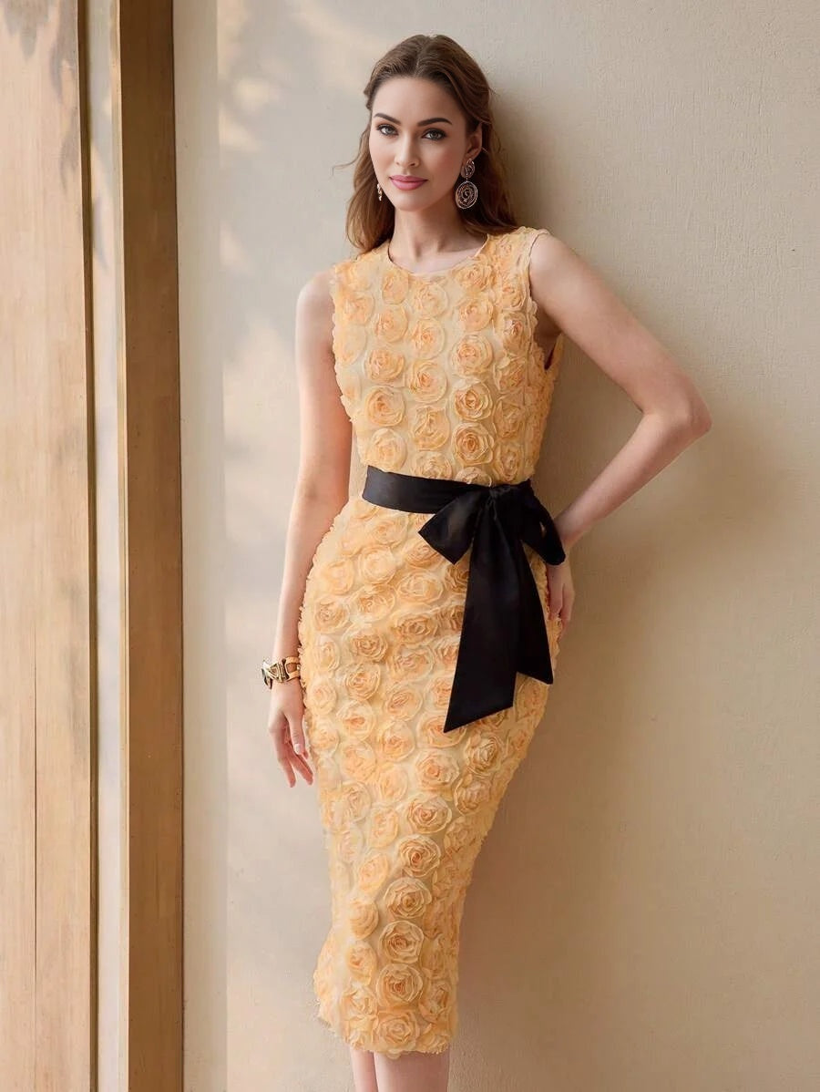 PREMIUM FLORAL APPLIQUED SPLIT HEM MIDI DRESS WOMEN OUTFIT