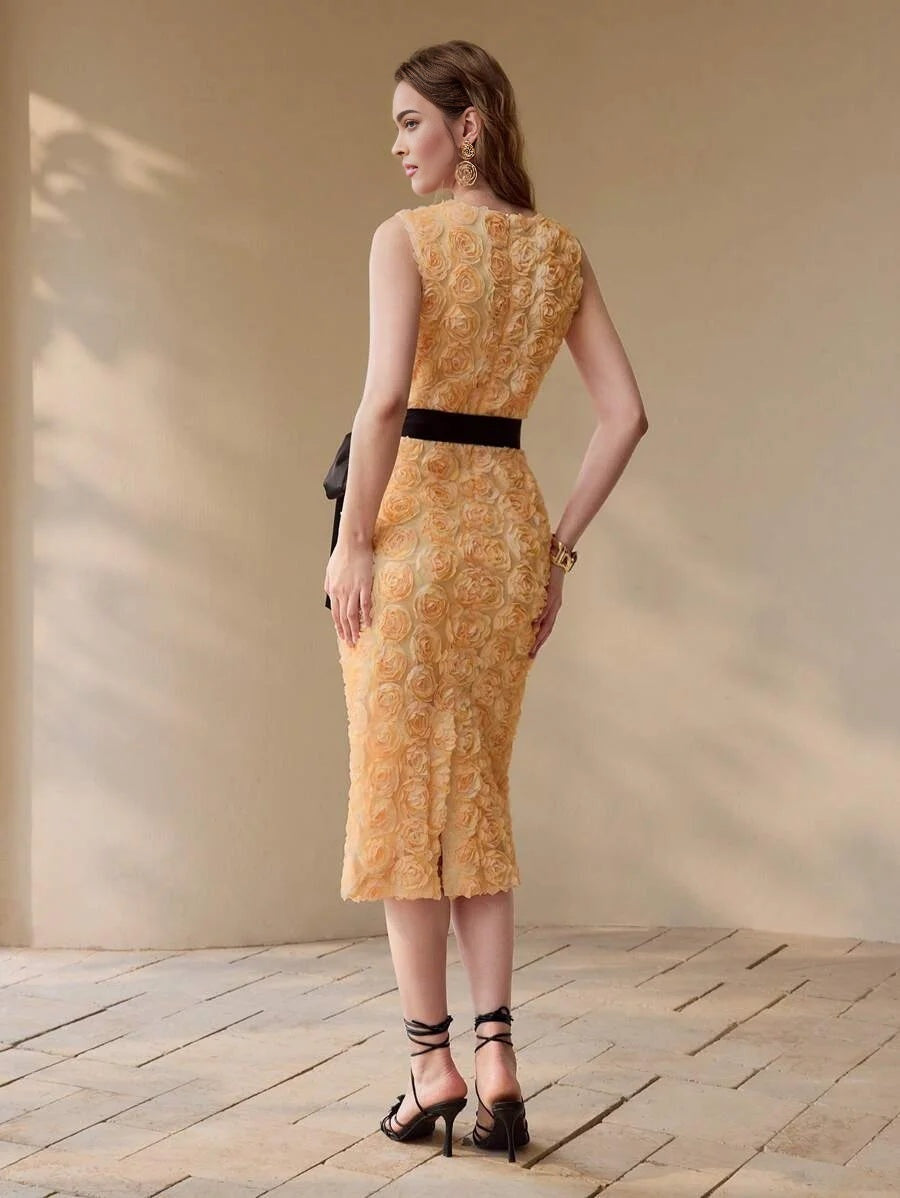 PREMIUM FLORAL APPLIQUED SPLIT HEM MIDI DRESS WOMEN OUTFIT