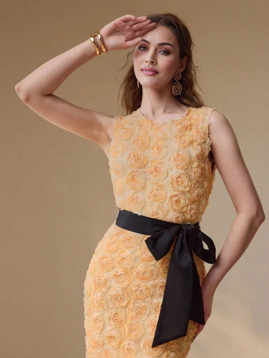 PREMIUM FLORAL APPLIQUED SPLIT HEM MIDI DRESS WOMEN OUTFIT