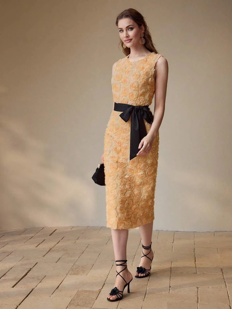 PREMIUM FLORAL APPLIQUED SPLIT HEM MIDI DRESS WOMEN OUTFIT