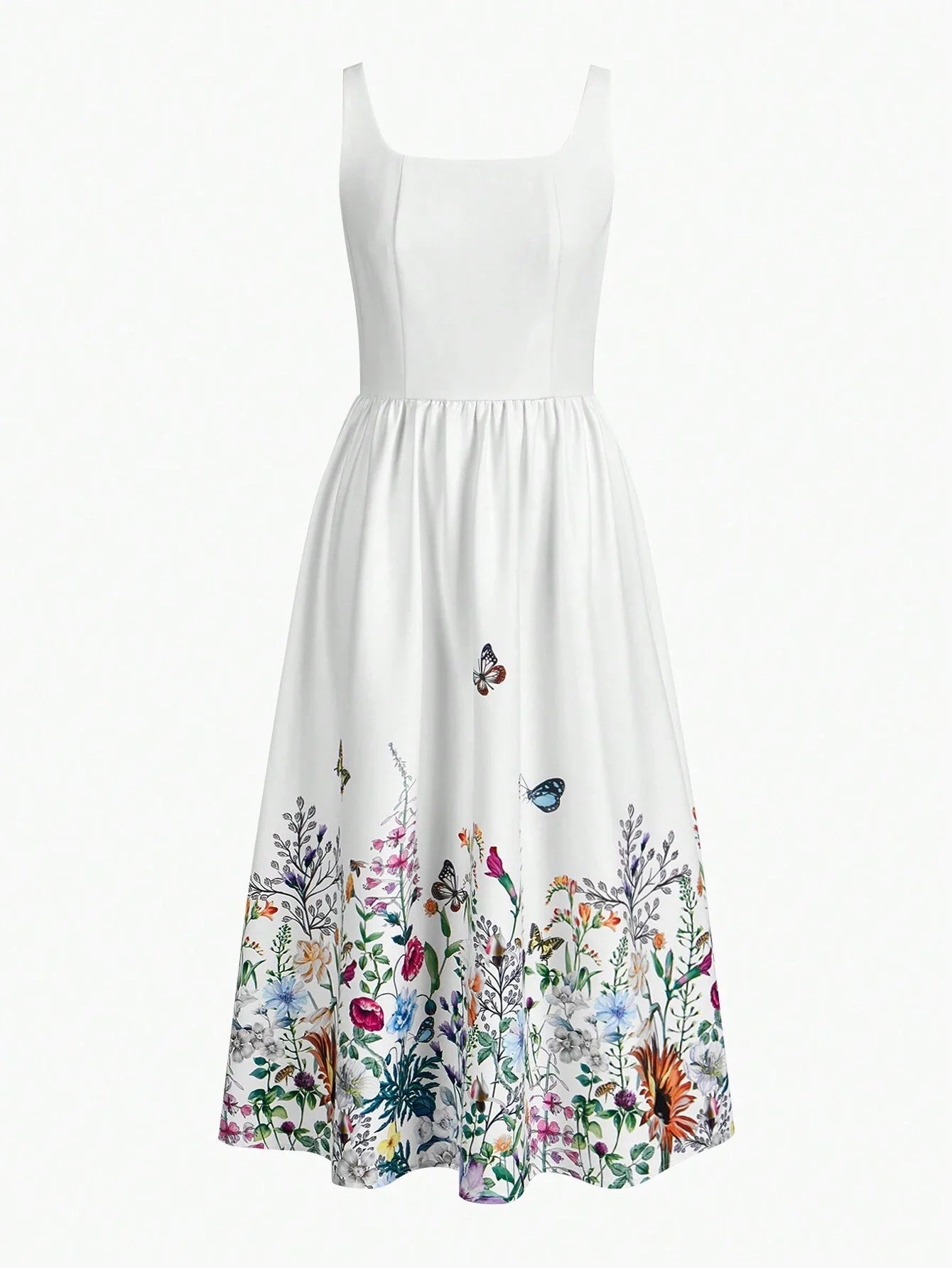 PREMIUM FLORAL BUTTERFLY PRINT SLEEVELESS DRESS