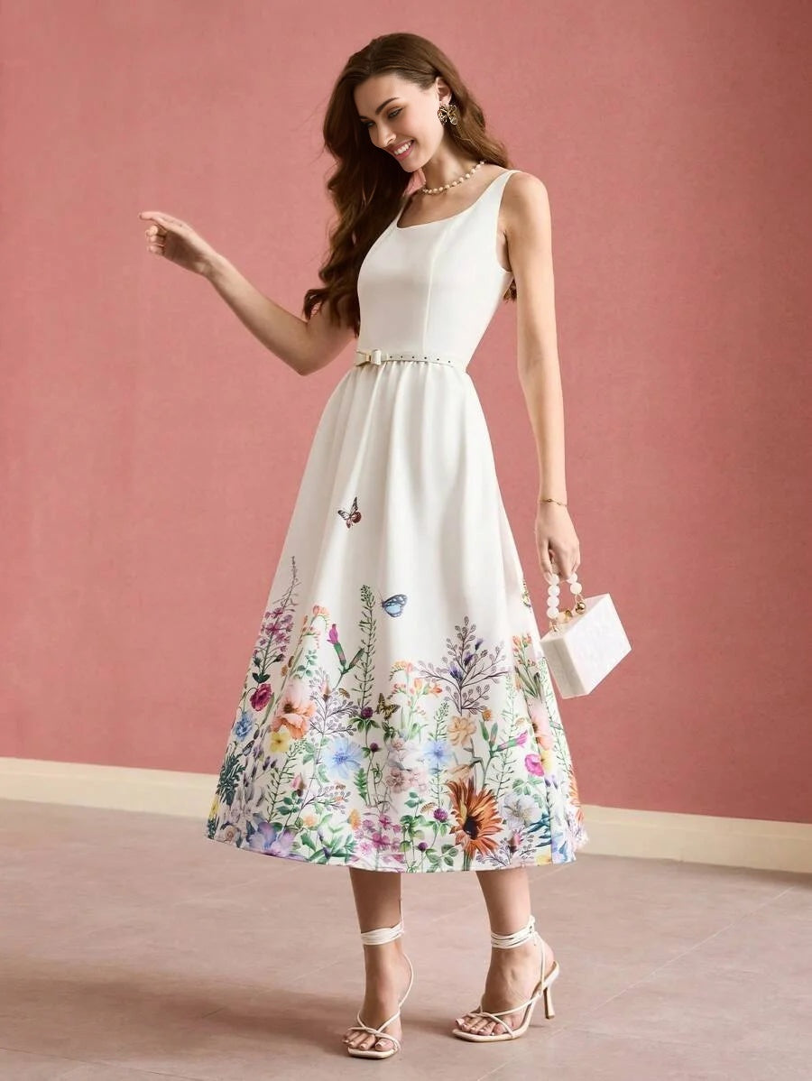 PREMIUM FLORAL BUTTERFLY PRINT SLEEVELESS DRESS