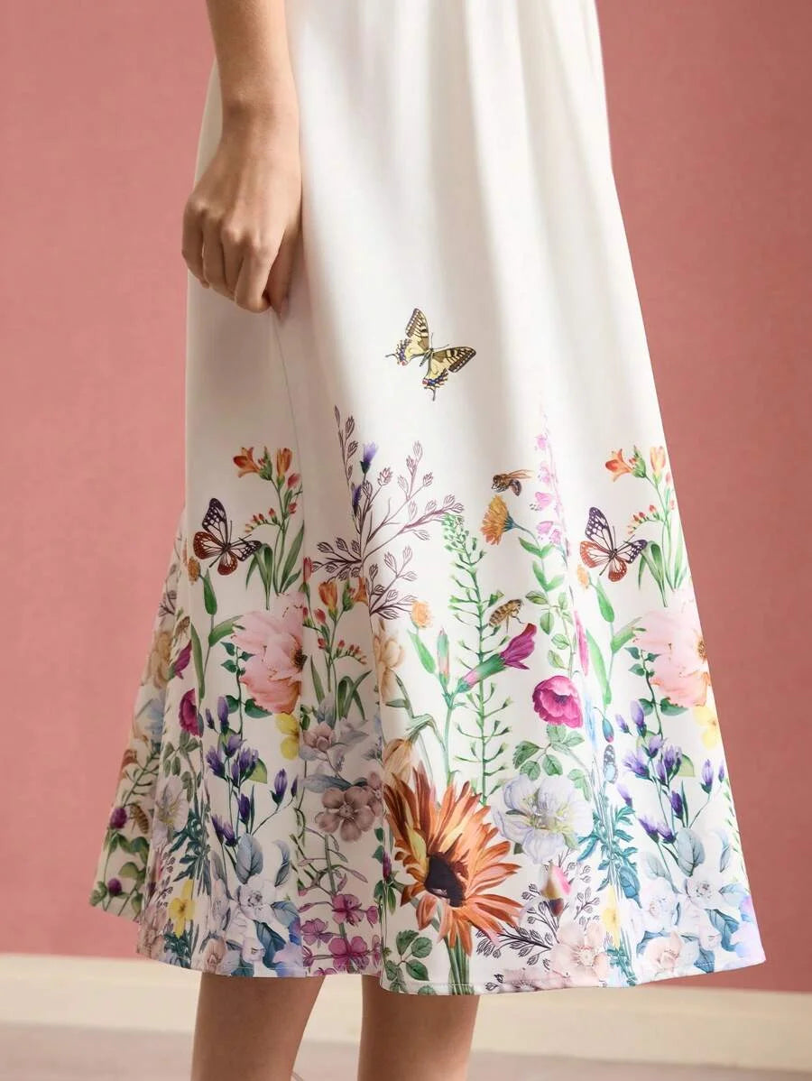 PREMIUM FLORAL BUTTERFLY PRINT SLEEVELESS DRESS