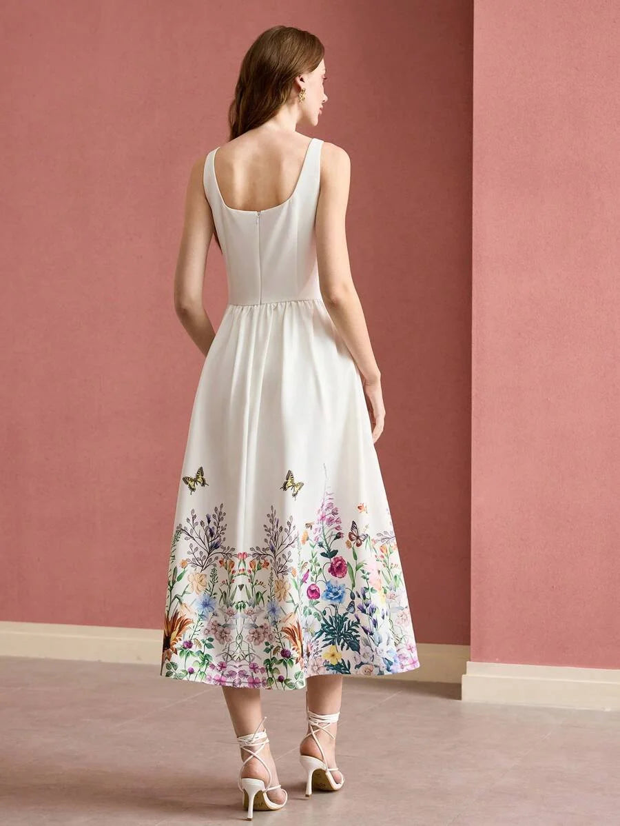 PREMIUM FLORAL BUTTERFLY PRINT SLEEVELESS DRESS