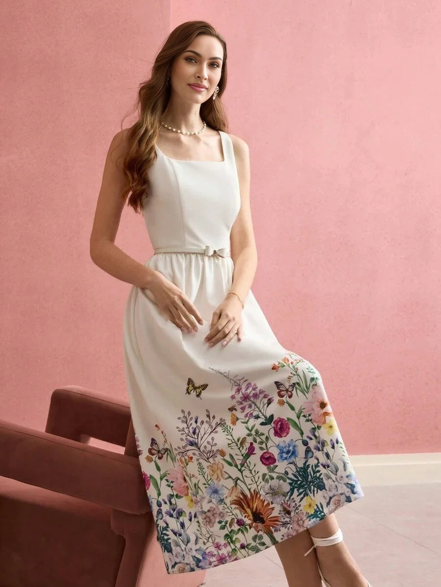PREMIUM FLORAL BUTTERFLY PRINT SLEEVELESS DRESS