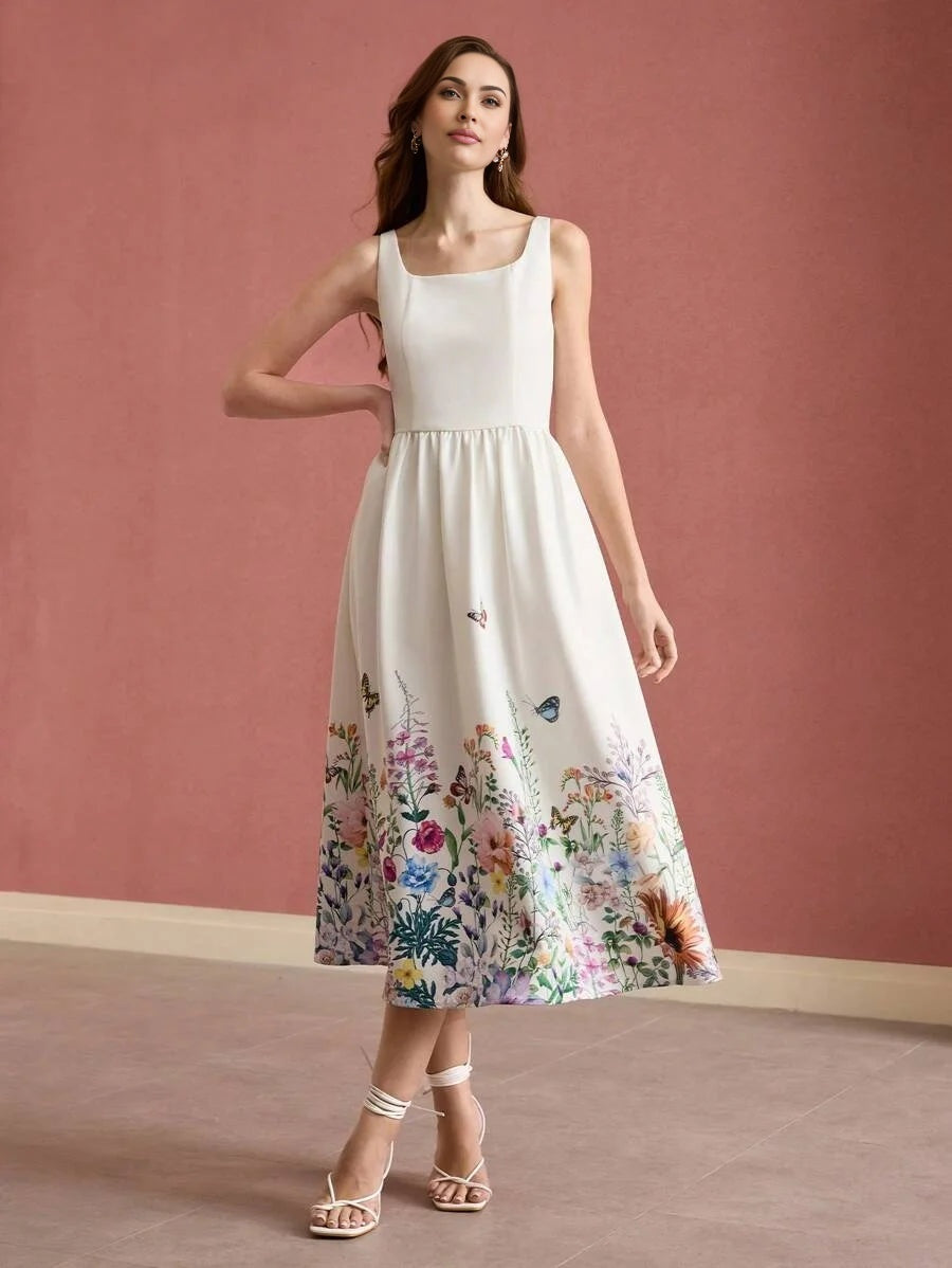 PREMIUM FLORAL BUTTERFLY PRINT SLEEVELESS DRESS