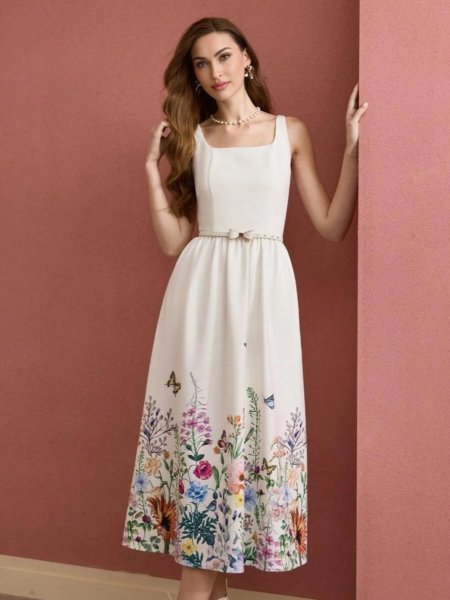PREMIUM FLORAL BUTTERFLY PRINT SLEEVELESS DRESS