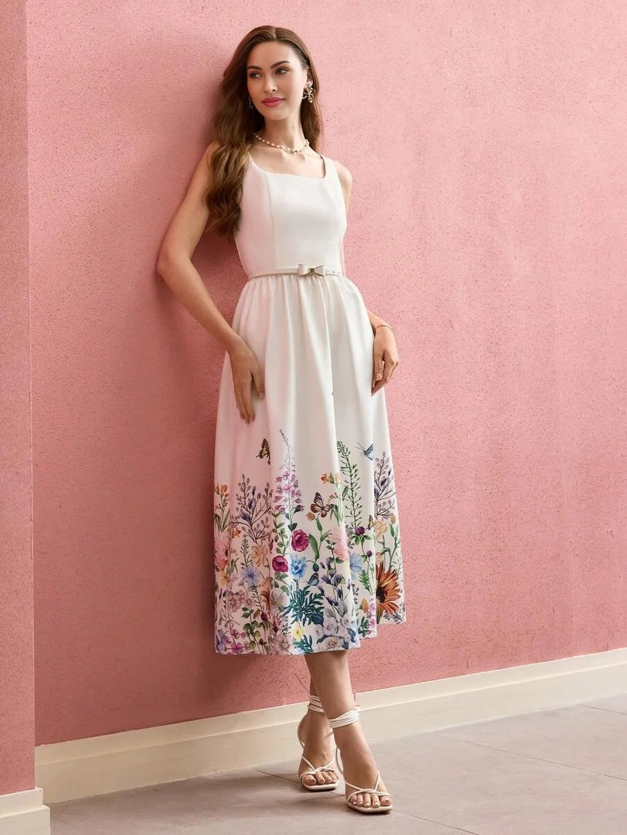 PREMIUM FLORAL BUTTERFLY PRINT SLEEVELESS DRESS