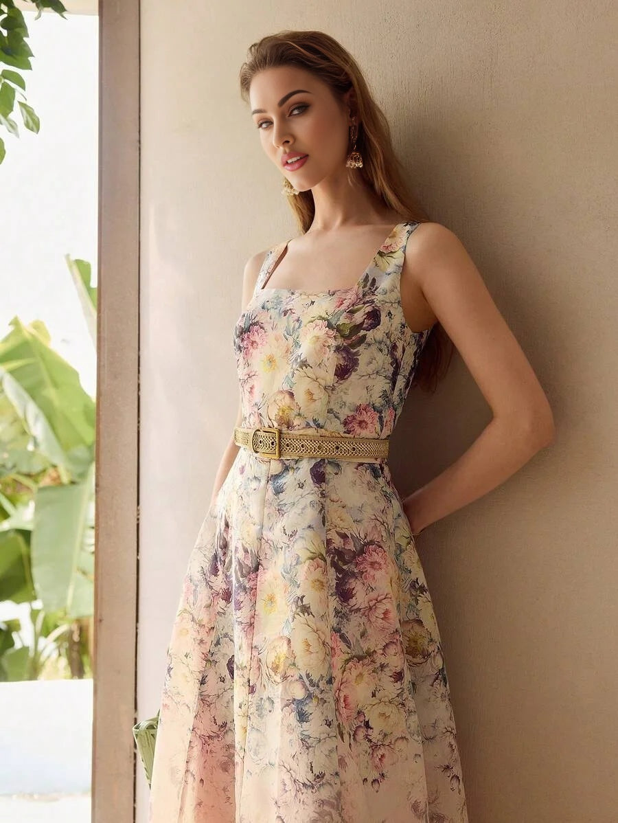 PREMIUM FLORAL EMBROIDERY A LINE TANK DRESS