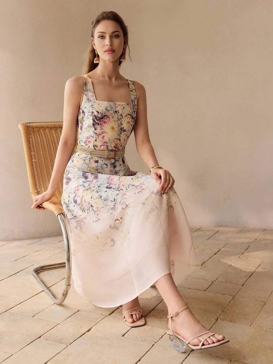 PREMIUM FLORAL EMBROIDERY A LINE TANK DRESS