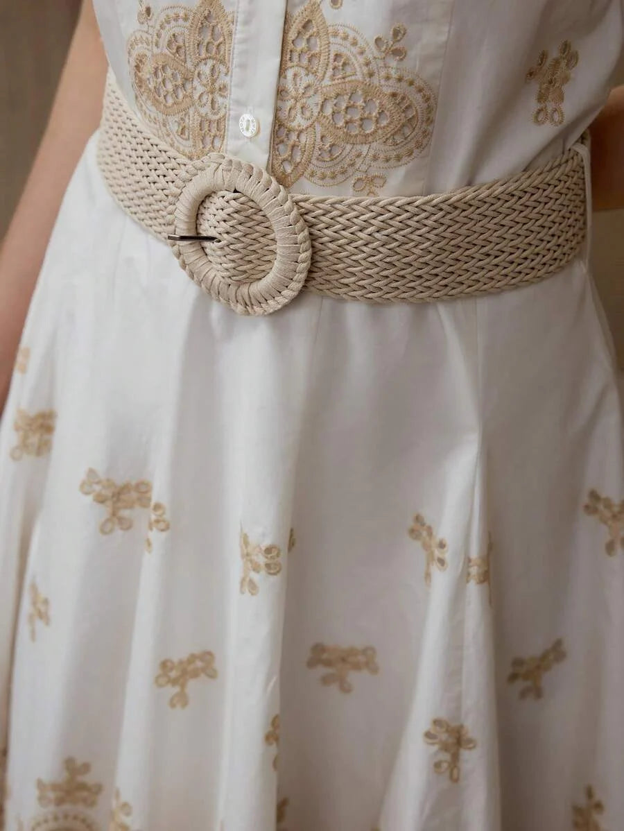 PREMIUM FLORAL EMBROIDERY BELTED DRESS