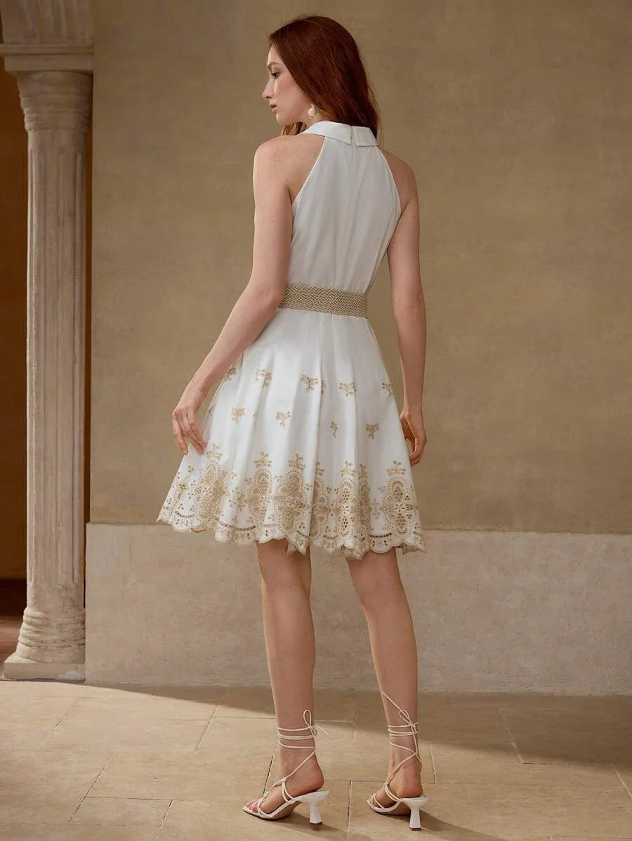 PREMIUM FLORAL EMBROIDERY BELTED DRESS