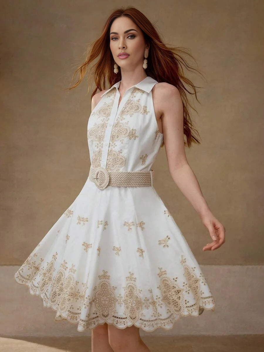 PREMIUM FLORAL EMBROIDERY BELTED DRESS