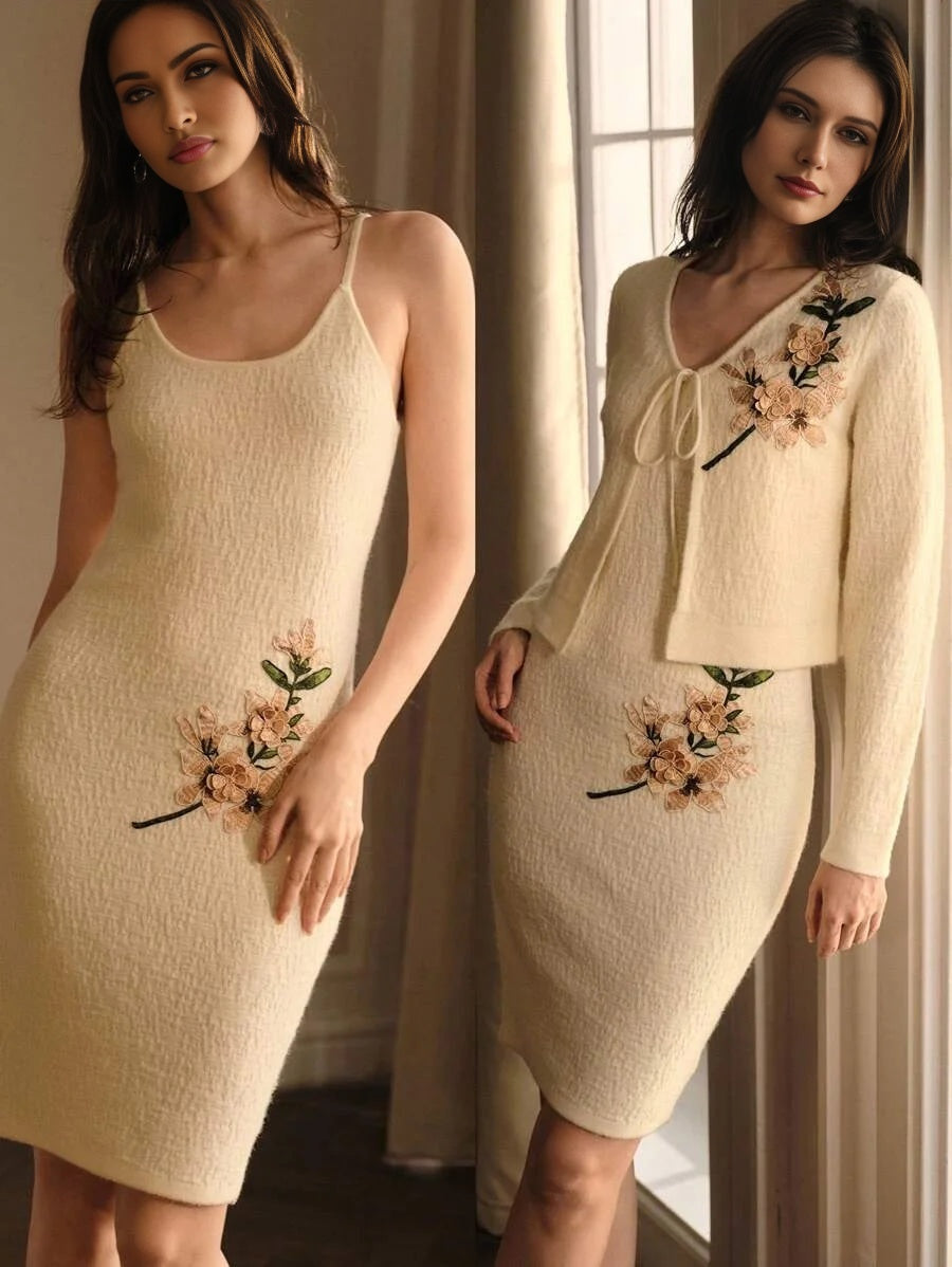 PREMIUM FLORAL EMBROIDERY CAMI SWEATER DRESS amp CARDIGAN