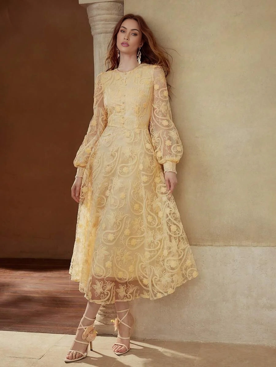 PREMIUM FLORAL EMBROIDERY CONTRAST MESH DRESS