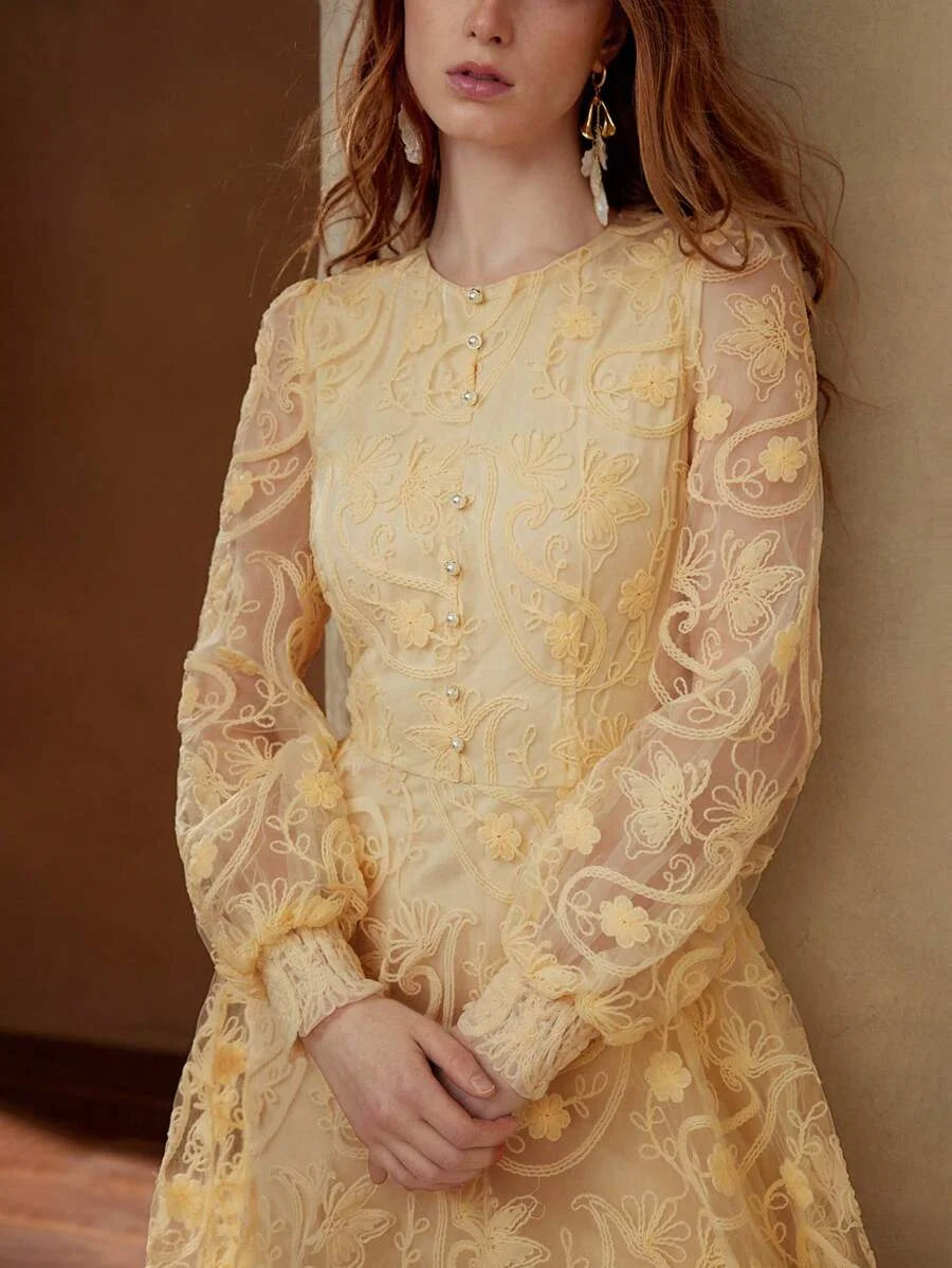 PREMIUM FLORAL EMBROIDERY CONTRAST MESH DRESS