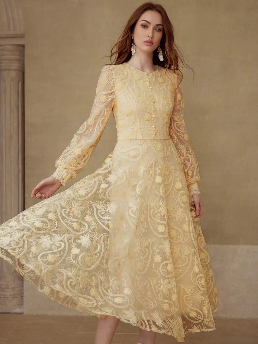 PREMIUM FLORAL EMBROIDERY CONTRAST MESH DRESS