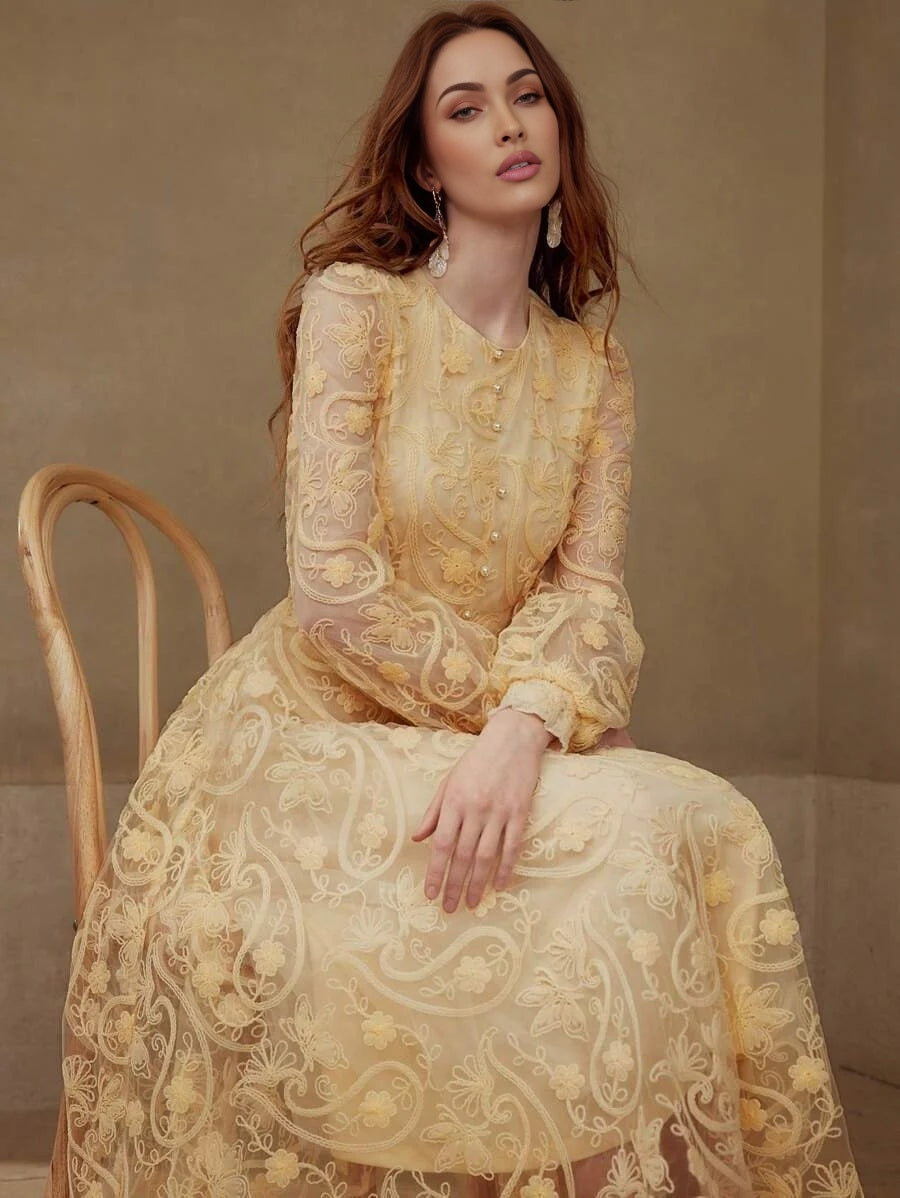 PREMIUM FLORAL EMBROIDERY CONTRAST MESH DRESS