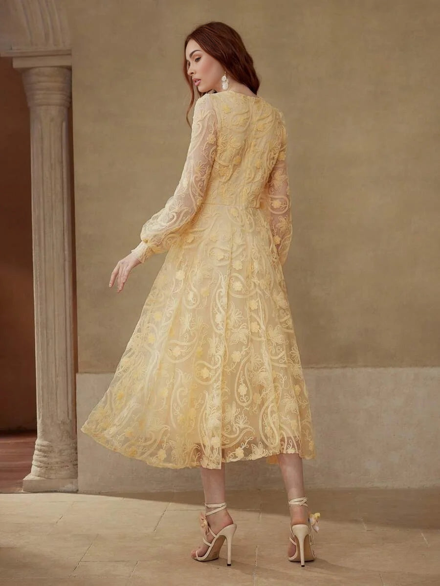 PREMIUM FLORAL EMBROIDERY CONTRAST MESH DRESS