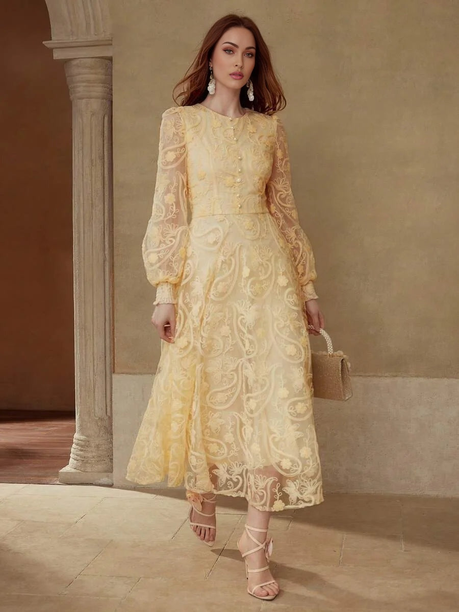 PREMIUM FLORAL EMBROIDERY CONTRAST MESH DRESS