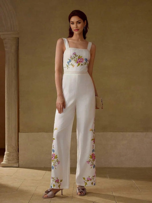 PREMIUM FLORAL EMBROIDERY ELEGANT JUMPSUIT SLEEVELESS FLARED LEG WIDE STRAP VACATION SUMMER WOMEN