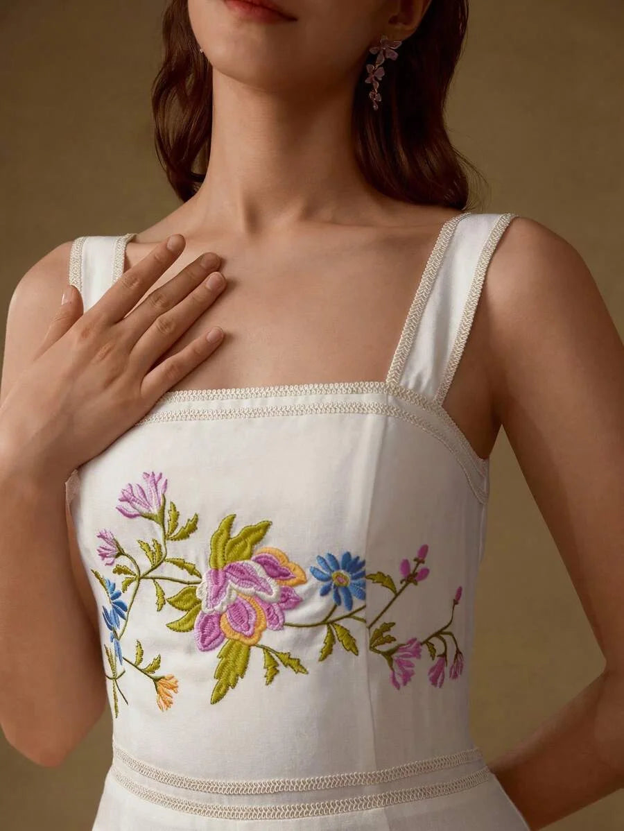 PREMIUM FLORAL EMBROIDERY ELEGANT JUMPSUIT SLEEVELESS FLARED LEG WIDE STRAP VACATION SUMMER WOMEN