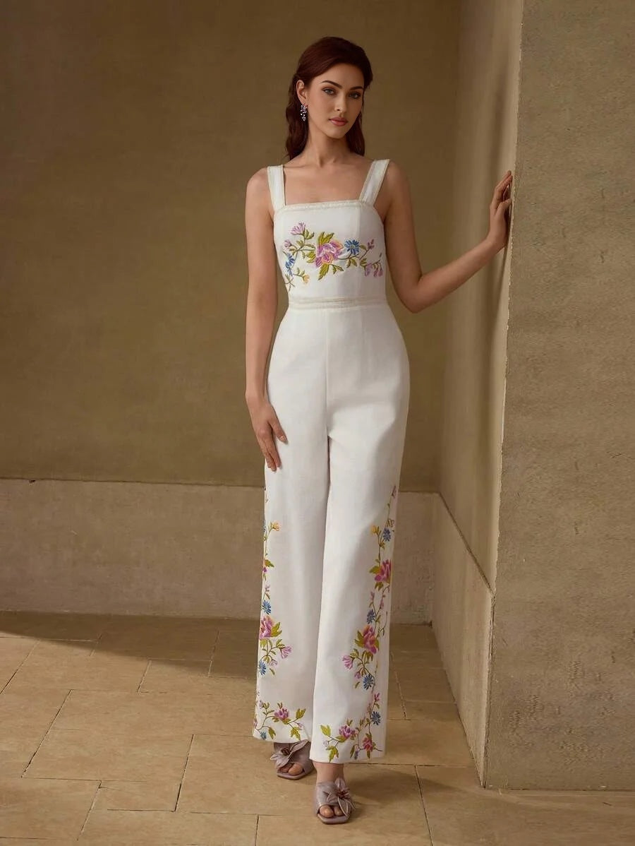PREMIUM FLORAL EMBROIDERY ELEGANT JUMPSUIT SLEEVELESS FLARED LEG WIDE STRAP VACATION SUMMER WOMEN