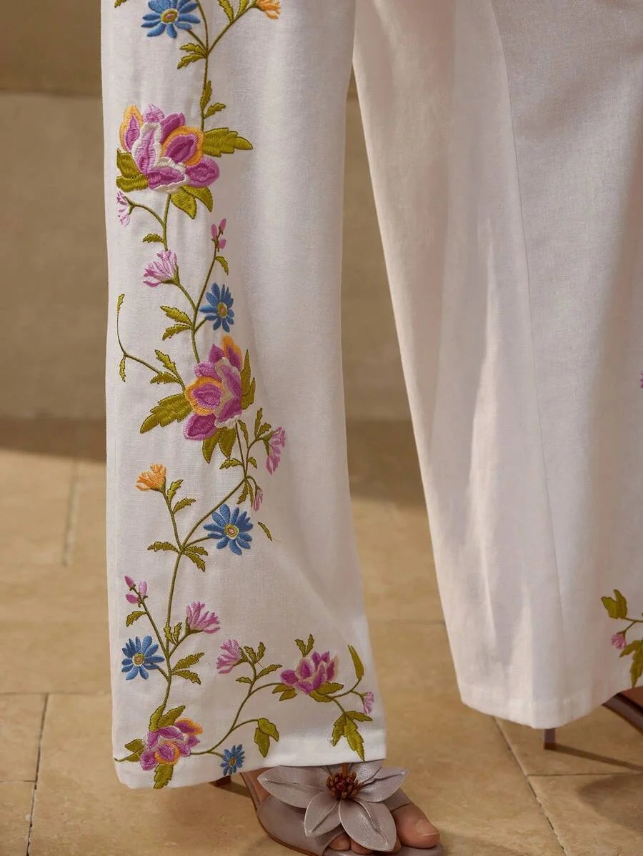 PREMIUM FLORAL EMBROIDERY ELEGANT JUMPSUIT SLEEVELESS FLARED LEG WIDE STRAP VACATION SUMMER WOMEN