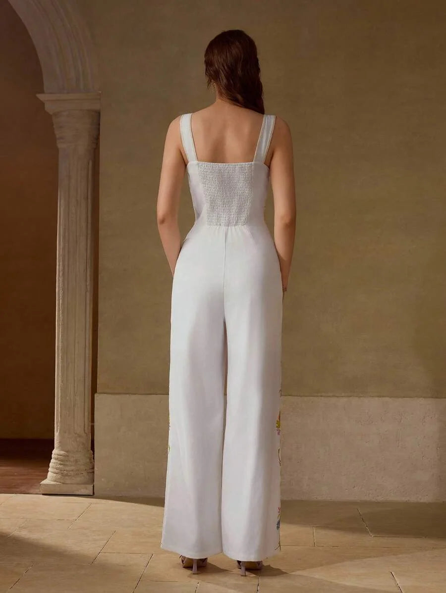 PREMIUM FLORAL EMBROIDERY ELEGANT JUMPSUIT SLEEVELESS FLARED LEG WIDE STRAP VACATION SUMMER WOMEN