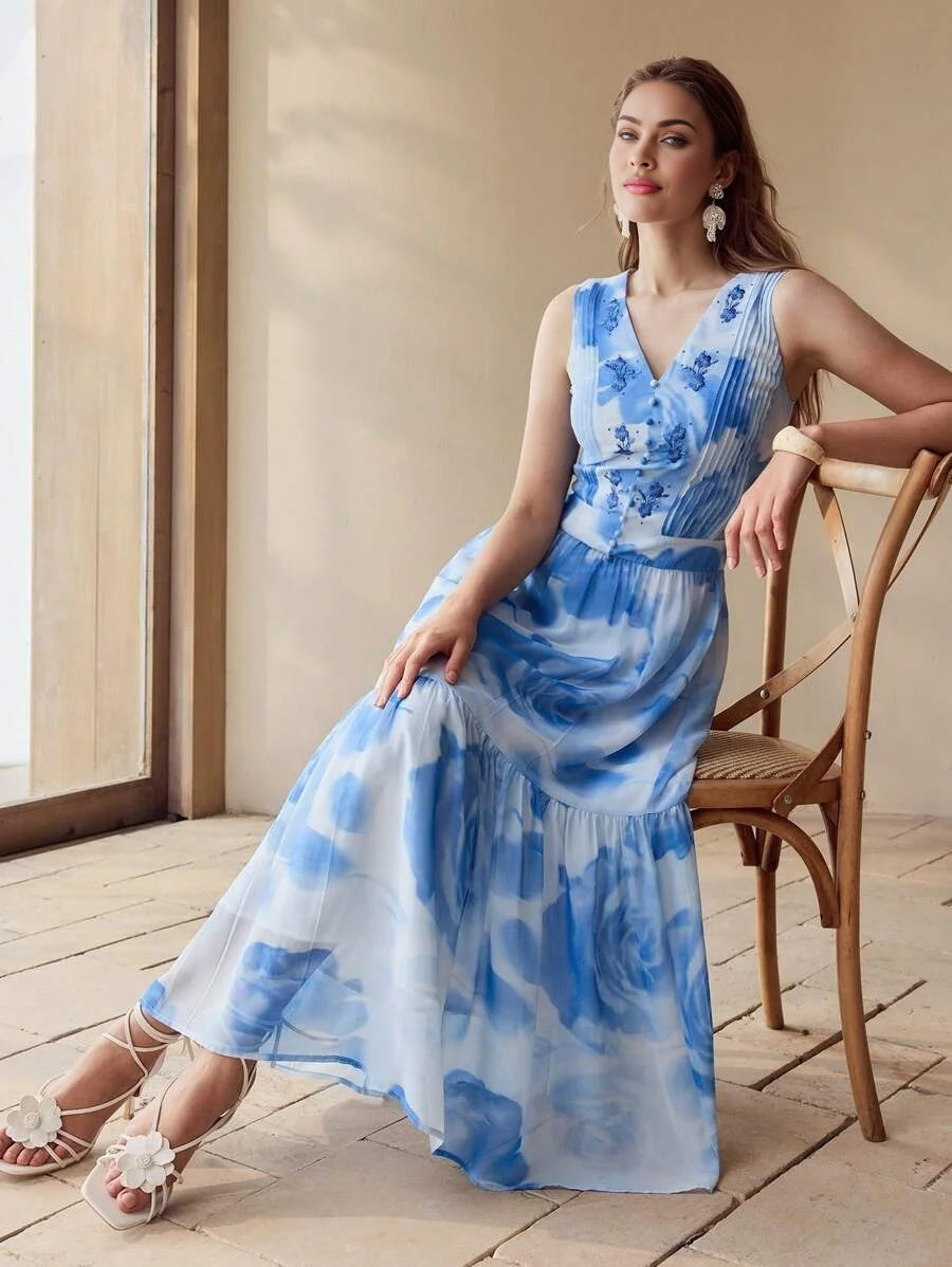 PREMIUM FLORAL EMBROIDERY FLOWY DRESSSPRINGSUMMER