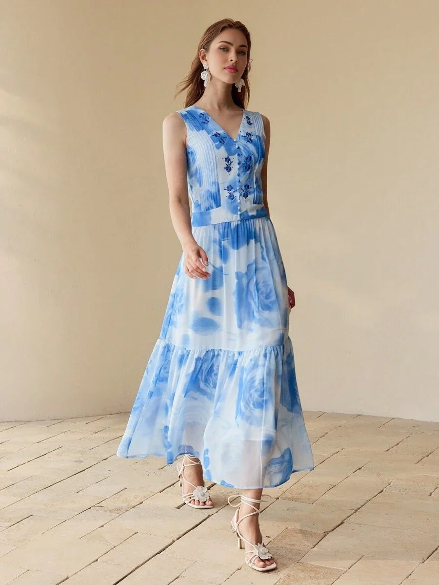 PREMIUM FLORAL EMBROIDERY FLOWY DRESSSPRINGSUMMER