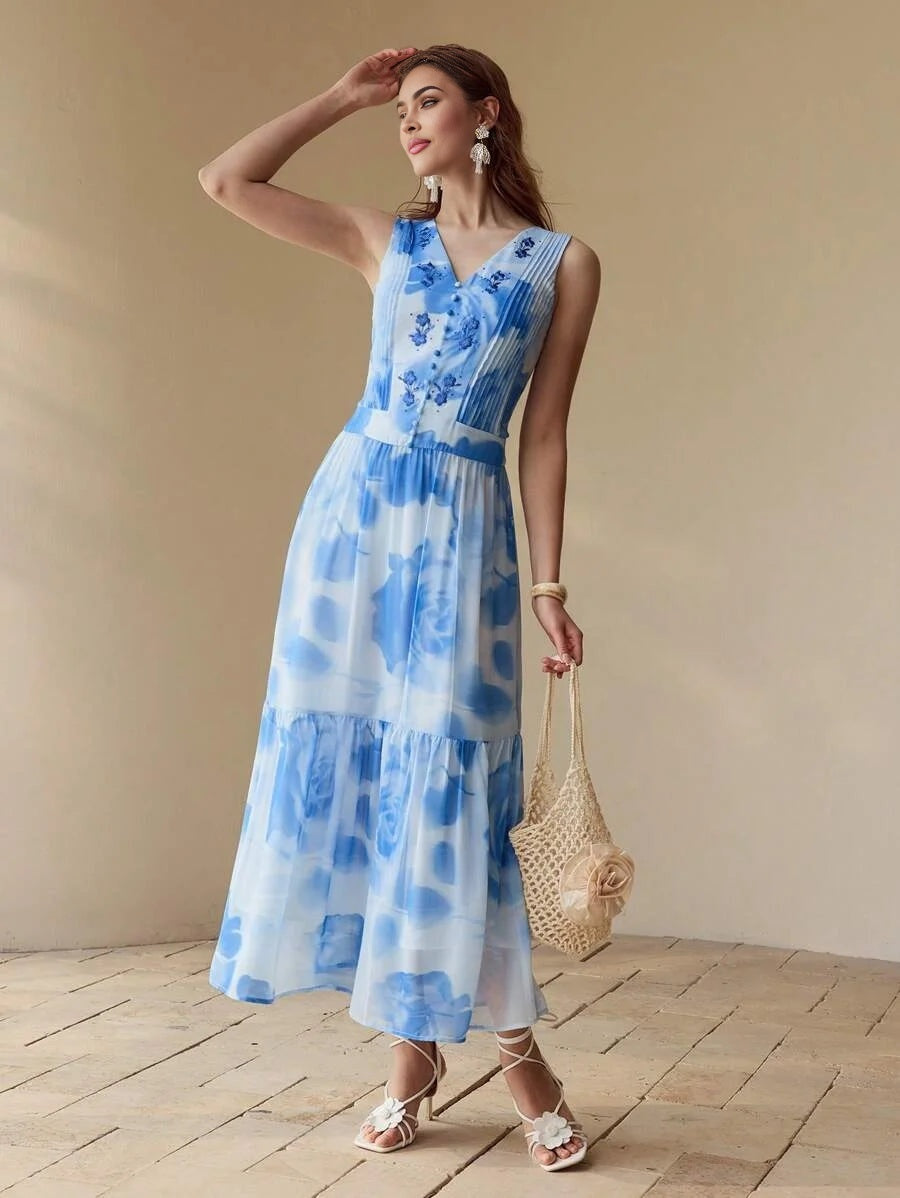 PREMIUM FLORAL EMBROIDERY FLOWY DRESSSPRINGSUMMER
