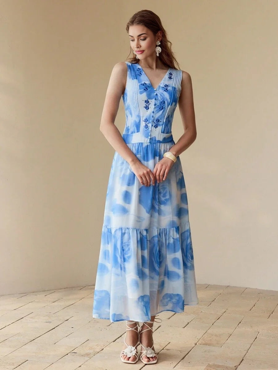 PREMIUM FLORAL EMBROIDERY FLOWY DRESSSPRINGSUMMER