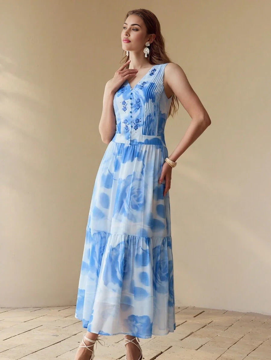 PREMIUM FLORAL EMBROIDERY FLOWY DRESSSPRINGSUMMER