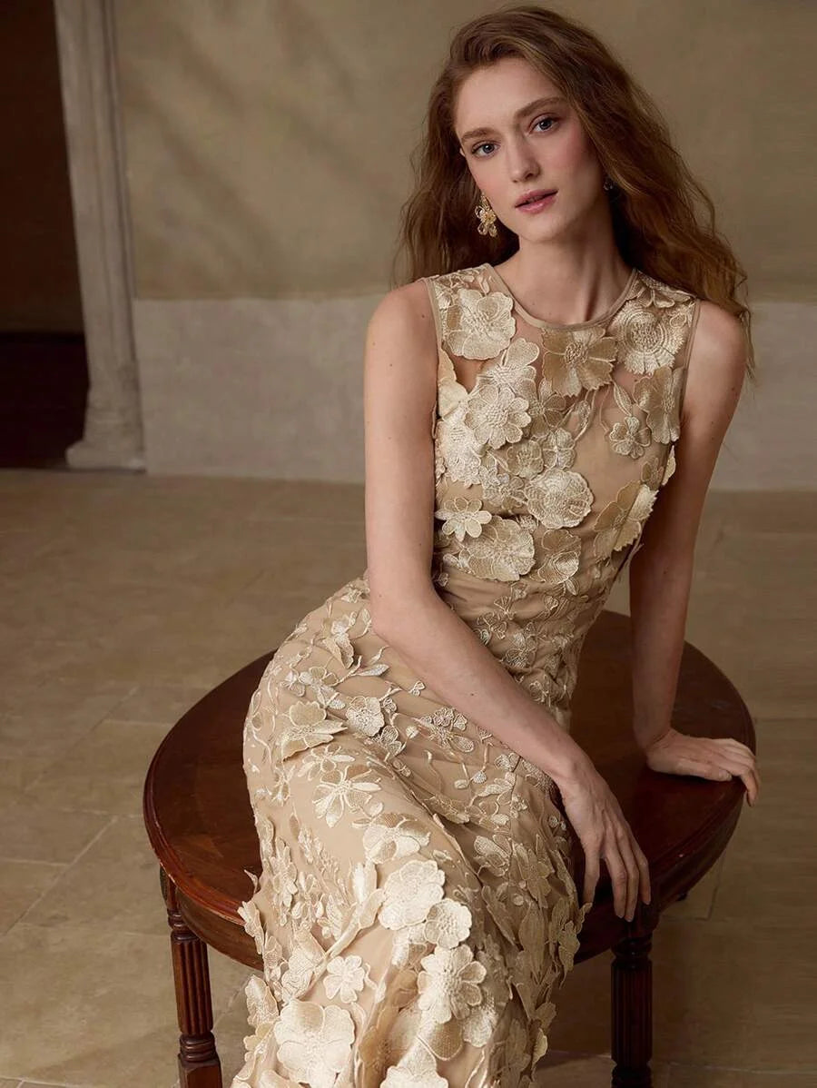 PREMIUM FLORAL EMBROIDERY SLEEVELESS DRESS