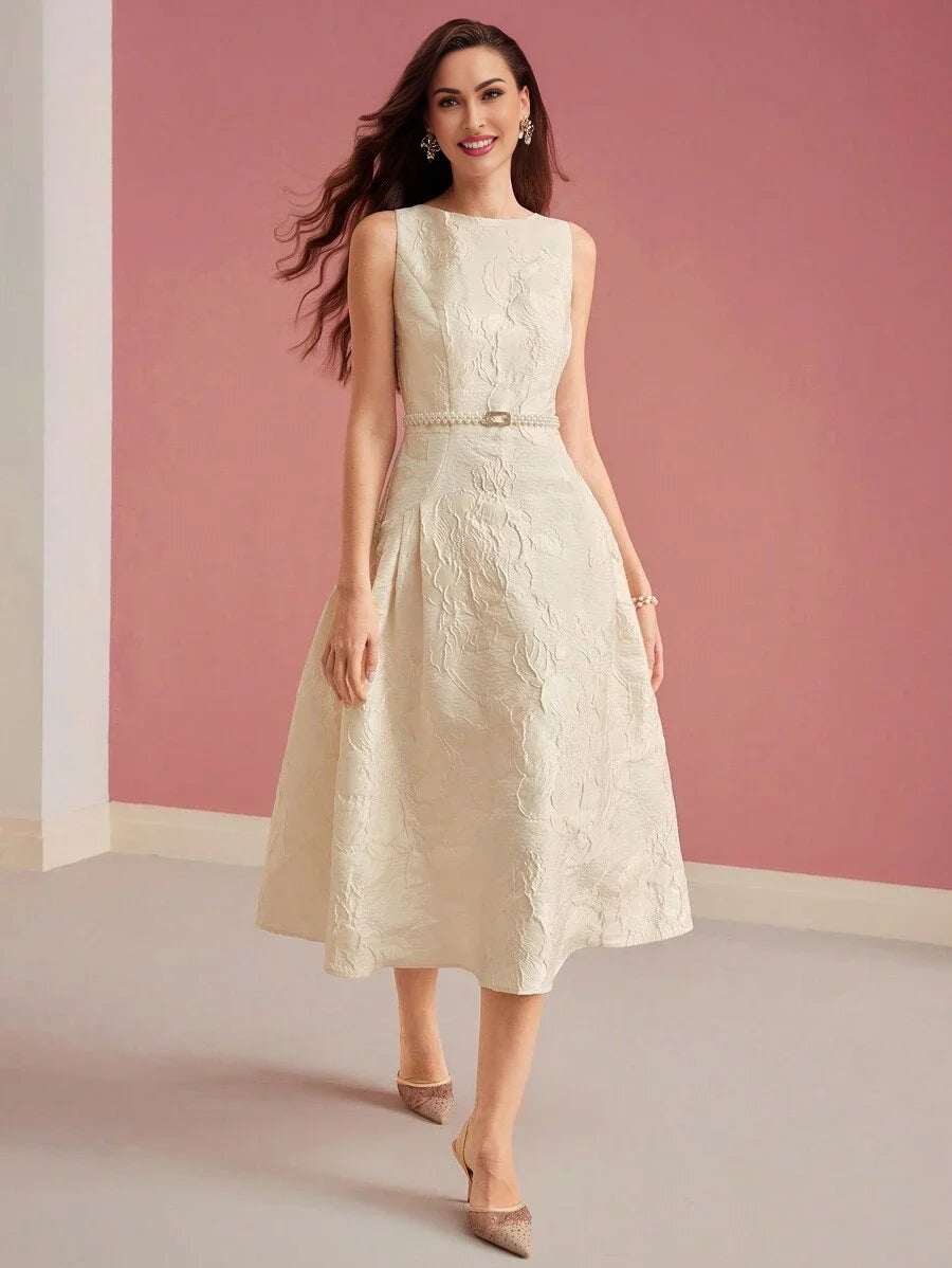 PREMIUM FLORAL JACQUARD FITTED WAIST DRESS