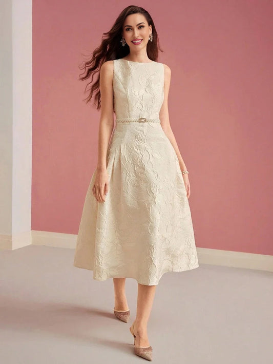 PREMIUM FLORAL JACQUARD FITTED WAIST DRESS