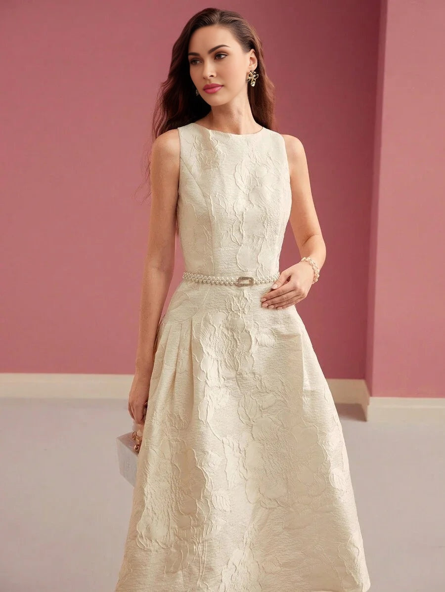 PREMIUM FLORAL JACQUARD FITTED WAIST DRESS