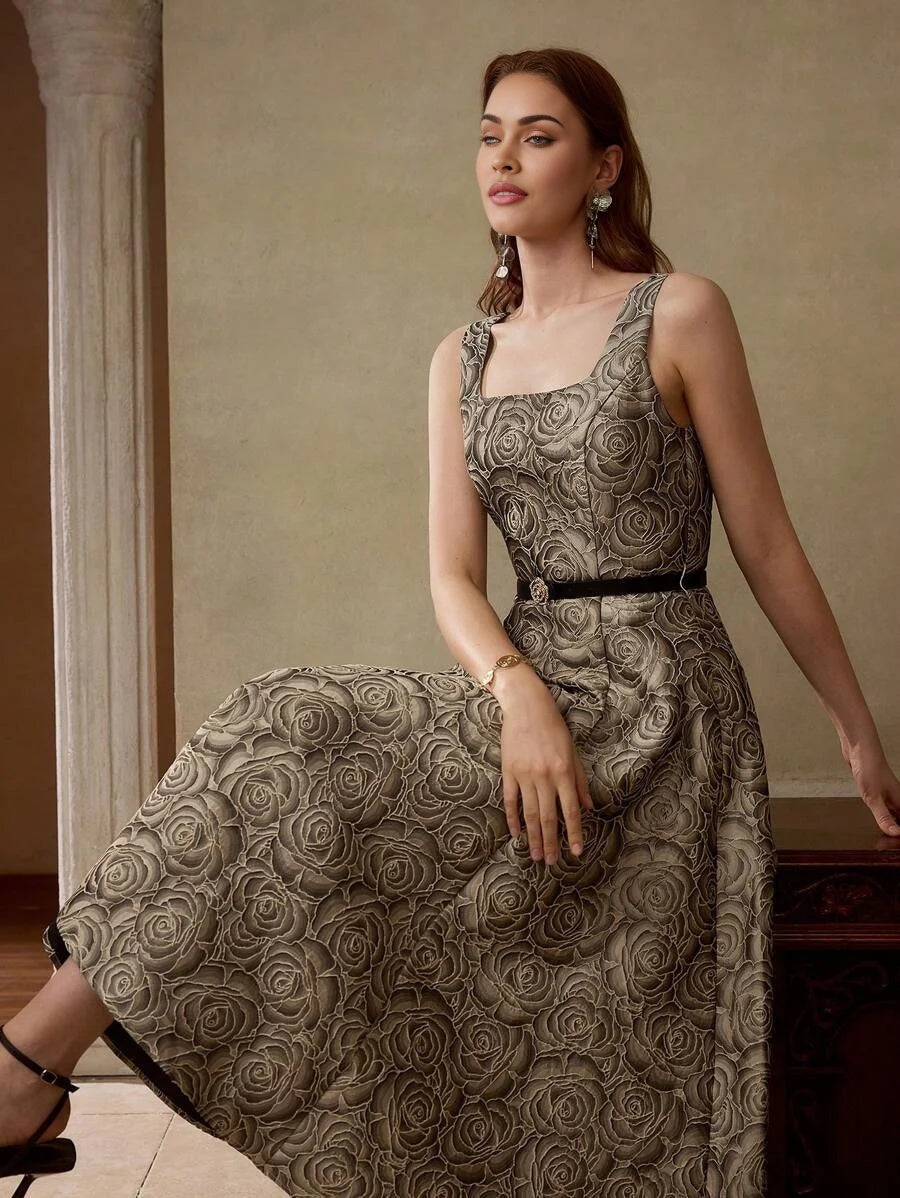 PREMIUM FLORAL JACQUARD FLARED DRESS