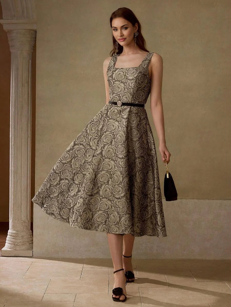 PREMIUM FLORAL JACQUARD FLARED DRESS