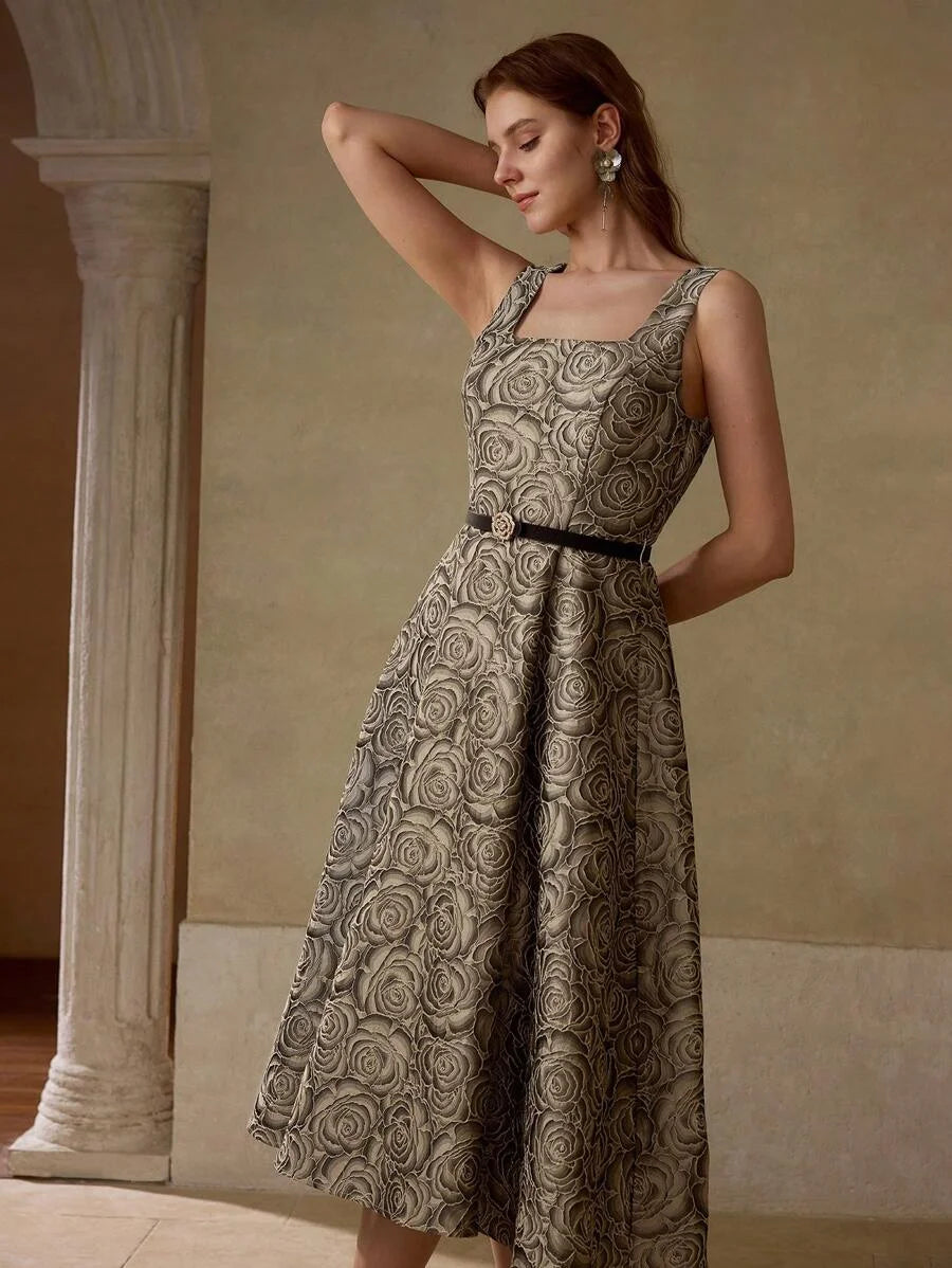 PREMIUM FLORAL JACQUARD FLARED DRESS