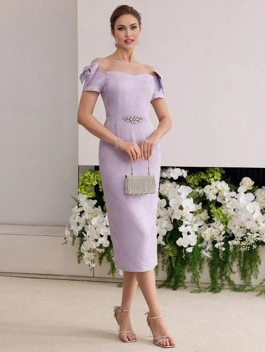 PREMIUM FLORAL JACQUARD OFF SHOULDER BOW DECOR RHINESTONE DETAIL DRESS