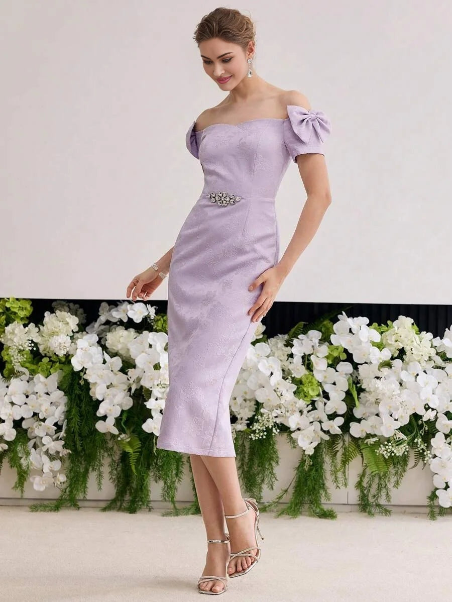 PREMIUM FLORAL JACQUARD OFF SHOULDER BOW DECOR RHINESTONE DETAIL DRESS