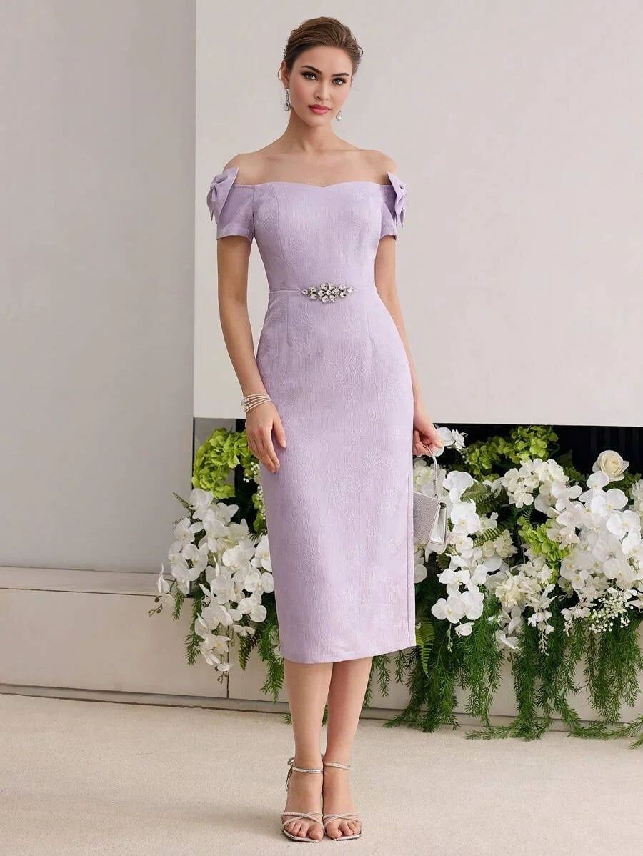 PREMIUM FLORAL JACQUARD OFF SHOULDER BOW DECOR RHINESTONE DETAIL DRESS